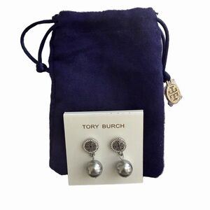 Tory Burch SilverTone Logo Pearl Drop Earrings